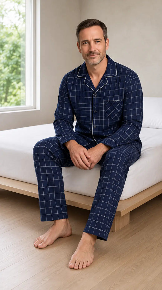 Men's Pajama Set - Piped Button-Front Long Sleeve Shirt & Pants - Navy Check