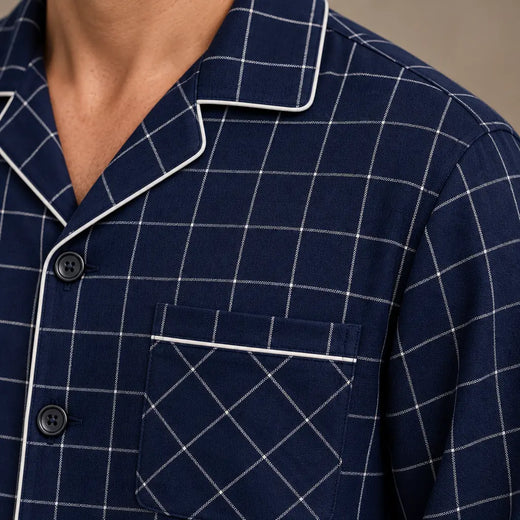 Men's Pajama Set - Piped Button-Front Long Sleeve Shirt & Pants - Navy Check