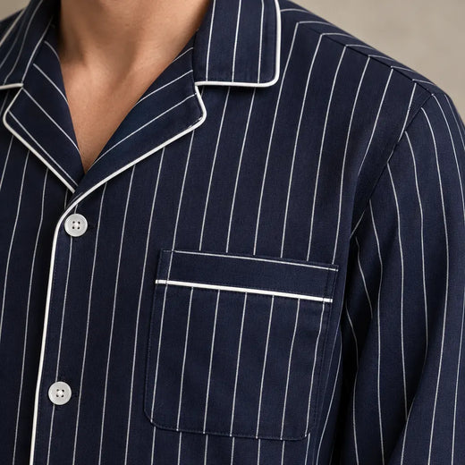 Men's Pajama Set - Piped Button-Front Long Sleeve Shirt & Pants - Navy Stripe
