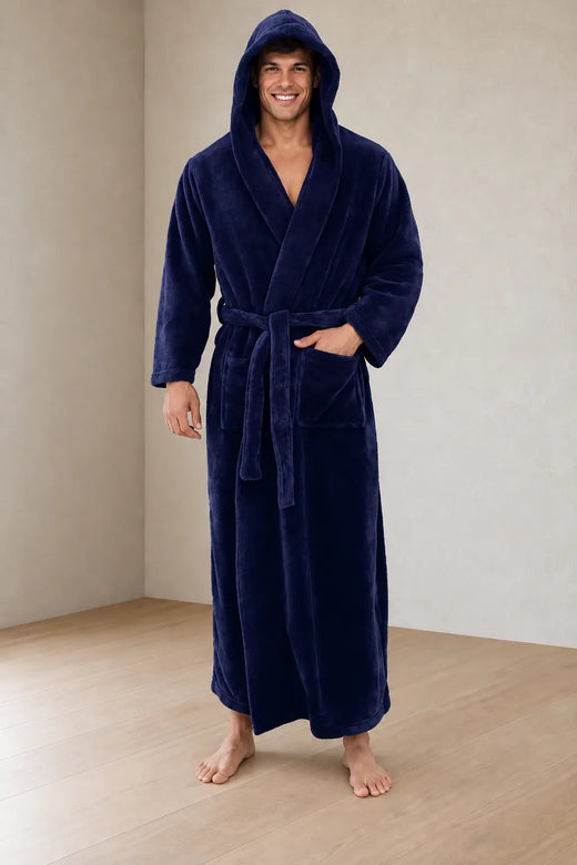 Men's Plush Robe - Hooded Ankle Length Shawl Collar with Pockets - Navy