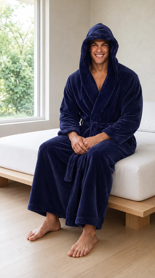 Men's Plush Robe - Hooded Ankle Length Shawl Collar with Pockets - Navy