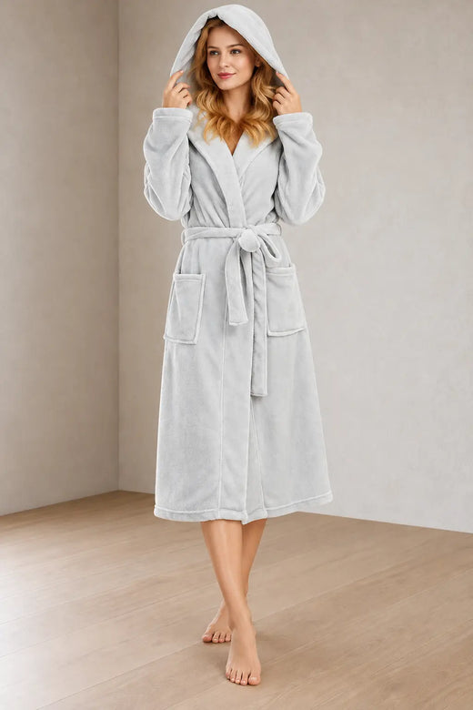 Women's Plush Robe - Hooded Belted with Patch Pockets - Light Gray
