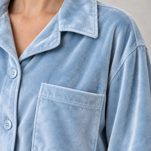 Women's Pajama Set - Velour Button-Front Shirt & Wide Leg Pants - Blue