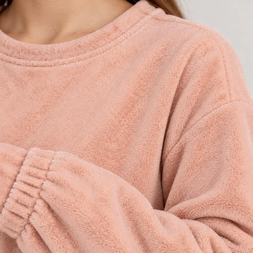 Women's Pajama Set - Plush Crewneck Long Sleeve Top & Jogger Pants - Pink