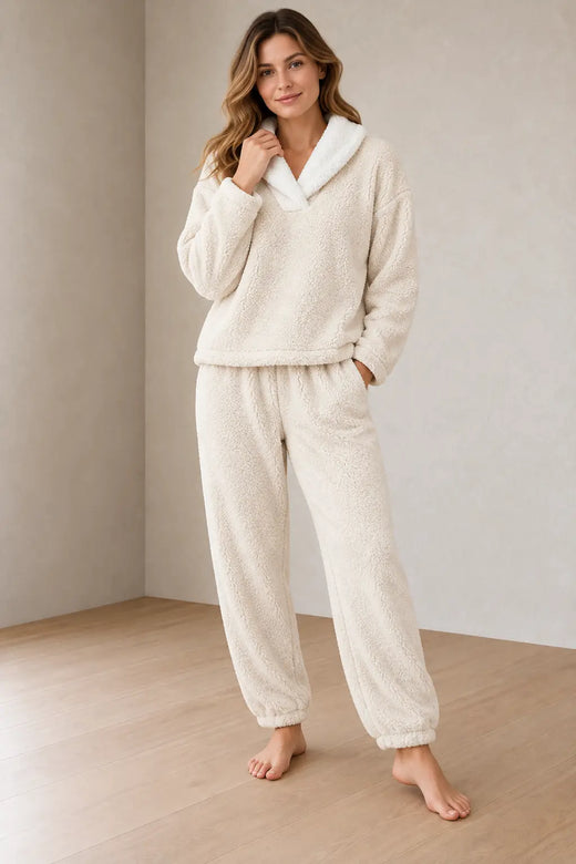 Women's Pajama Set - Sherpa Shawl Collar V-Neck Top & Pants - Apricot