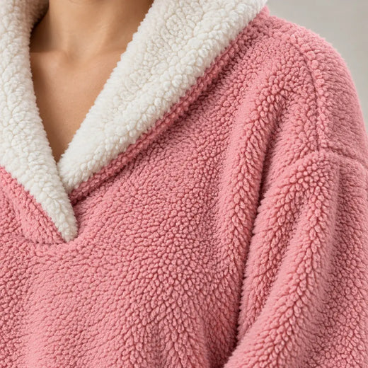 Women's Pajama Set - Sherpa Shawl Collar V-Neck Top & Pants - Pink