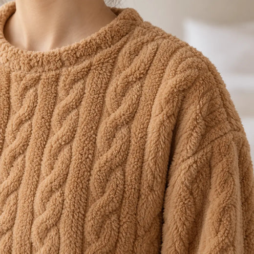 Women's Pajama Set - Cable Texture Plush Crewneck Top & Pants - Camel