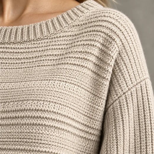 Women's Knit Set - Textured Crew Neck Sweater & Wide Leg Pants - Beige