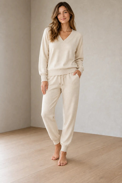 Women's Knit Set - V-Neck Sweater & Drawstring Jogger Pants - Apricot