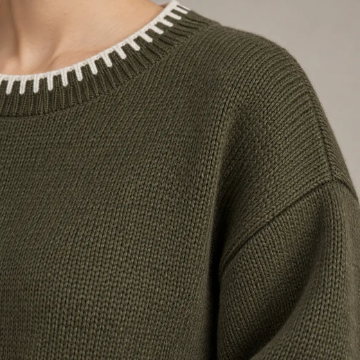 Women's Knit Set - Contrast Trim Crew Neck Sweater & Wide Leg Pants - Army Green