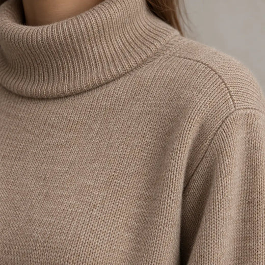 Women's Knit Set - Oversized Turtleneck Tunic Sweater & Wide Leg Pants - Beige