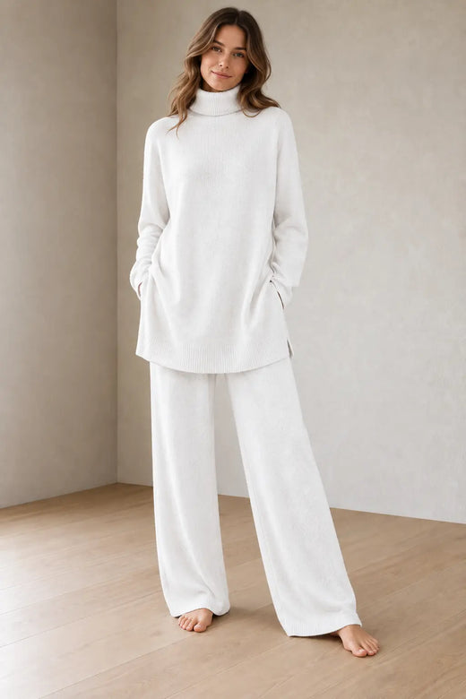 Women's Knit Set - Oversized Turtleneck Tunic Sweater & Wide Leg Pants - White