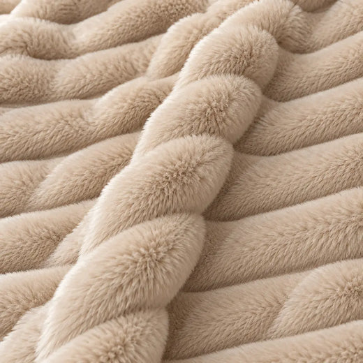 Faux Fur Throw Blanket - Ribbed Double-Sided Throw - Beige
