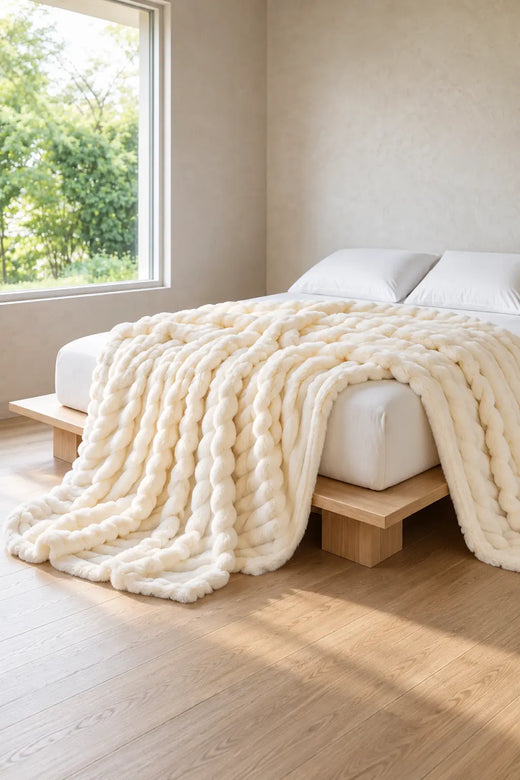 Faux Fur Throw Blanket - Ribbed Double-Sided Throw - White