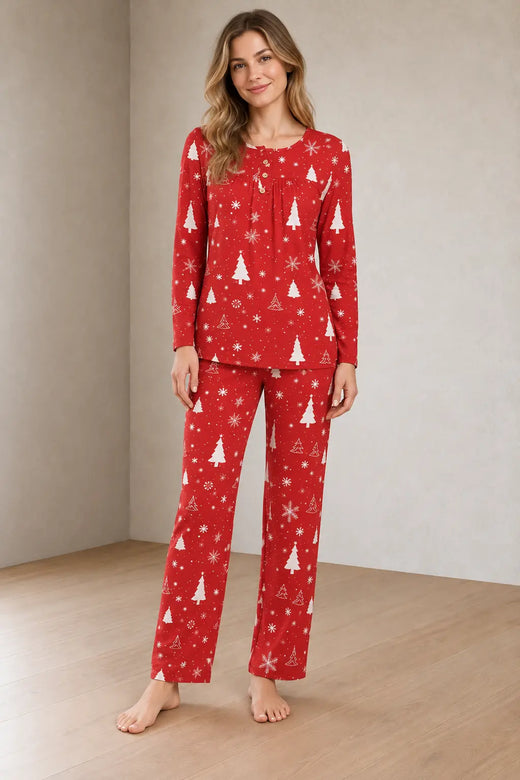 Women's Christmas Pajama Set - Holiday Print Henley Long Sleeve Top & Straight Pants - Red Snowflake Trees