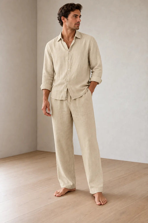 Men's Linen Set - Long Sleeve Pajama Button-Front Shirt & Drawstring Pants - Khaki