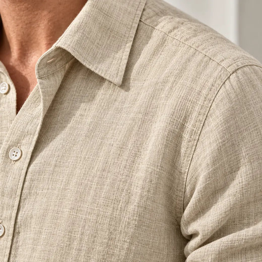 Men's Linen Set - Long Sleeve Pajama Button-Front Shirt & Drawstring Pants - Khaki