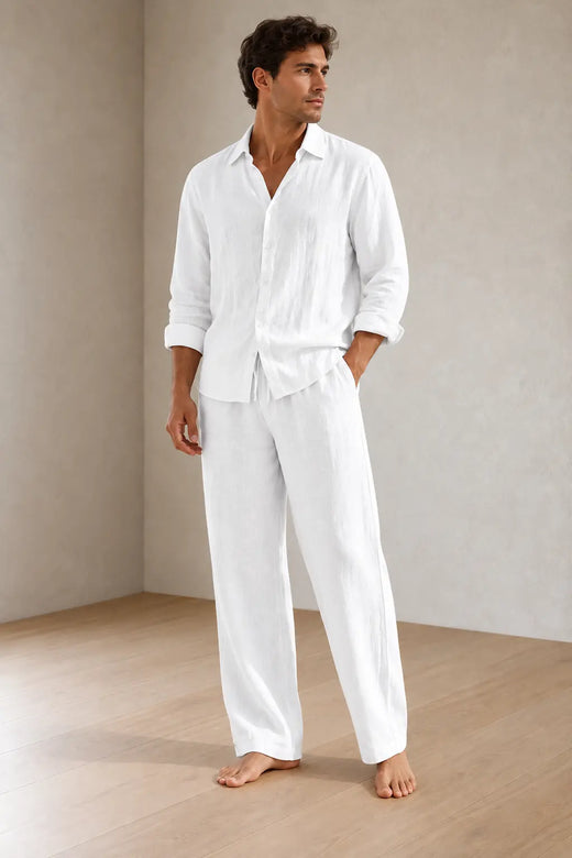 Men's Linen Set - Long Sleeve Pajama Button-Front Shirt & Drawstring Pants - White