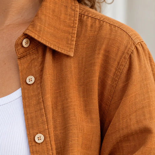 Women's Linen Set - Button-Down Shirt & Drawstring Tapered Pants with Rolled Hem - Brown