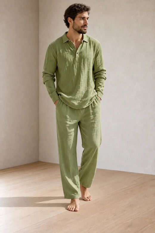 Men's Linen Set - Collared Half-Button Pajama Shirt & Elastic Waist Lounge Pants - Olive Green
