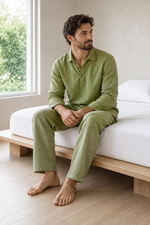 Men's Linen Set - Collared Half-Button Pajama Shirt & Elastic Waist Lounge Pants - Olive Green