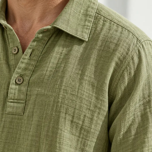 Men's Linen Set - Collared Half-Button Pajama Shirt & Elastic Waist Lounge Pants - Olive Green