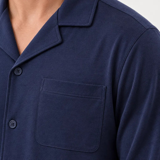 Men's Pajama Set - Notch Collar Button-Front Long Sleeve Shirt & Pants with Pockets - Navy Blue