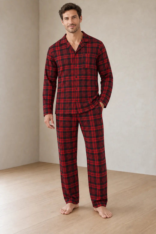 Men's Pajama Set - Notch Collar Button-Front Long Sleeve Shirt & Pants with Pockets - Red Plaid