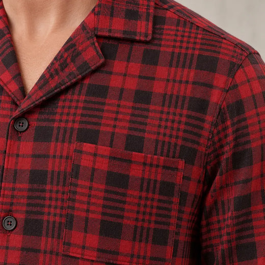 Men's Pajama Set - Notch Collar Button-Front Long Sleeve Shirt & Pants with Pockets - Red Plaid