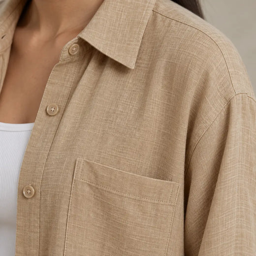 Women's Linen Set - Oversized Button-Down Shirt with Chest Pocket & Straight Leg Pants - Beige