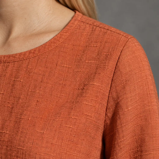 Women's Linen Set - Long Sleeve Crew Neck Top & Tie-Waist Tapered Lounge Pants - Terracotta
