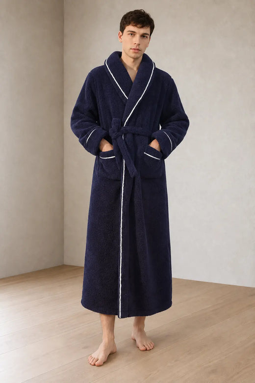 Men's Fleece Robe - Thick Flannel Shawl Collar Bathrobe with Belt & Pockets - Navy Blue