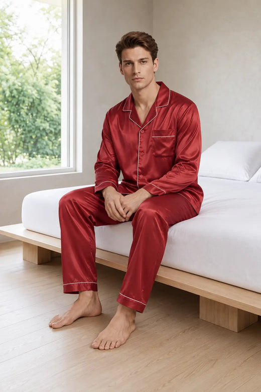 Men's Lounge Set - Silk-Look Button-Down Long Sleeve Pajama Shirt & Pants - Red