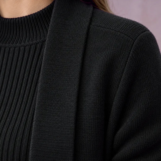 Lounge Set - Women's 3-Piece Knit Long Sleeve Longline Cardigan, Mock Neck Top & Wide-Leg Pants - Black