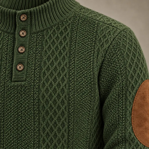 Men's Lounge Set - Long Sleeve Button Henley Knit Top with Elbow Patches & Drawstring Joggers - Army Green