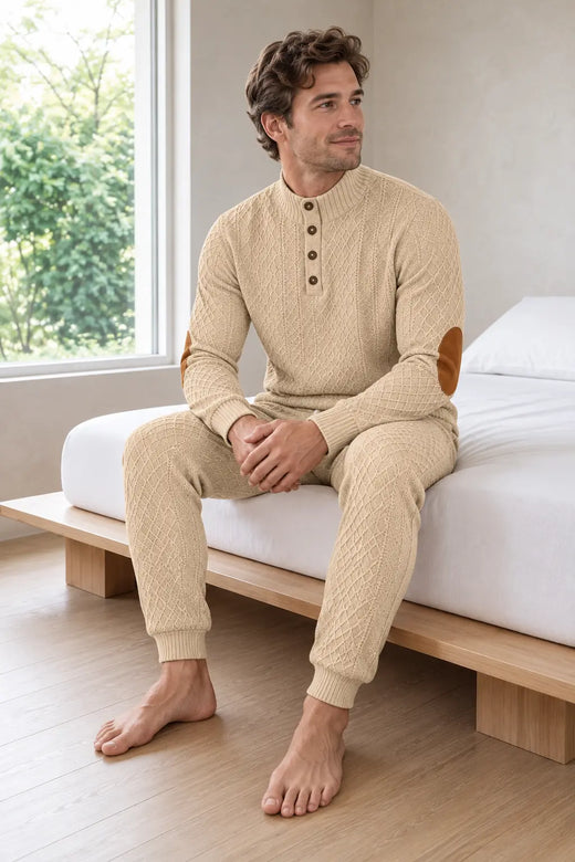 Men's Lounge Set - Long Sleeve Button Henley Knit Top with Elbow Patches & Drawstring Joggers - Khaki