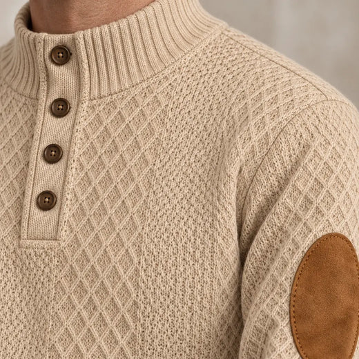 Men's Lounge Set - Long Sleeve Button Henley Knit Top with Elbow Patches & Drawstring Joggers - Khaki