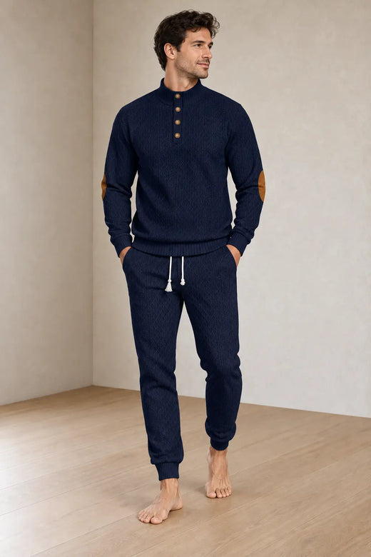 Men's Lounge Set - Long Sleeve Button Henley Knit Top with Elbow Patches & Drawstring Joggers - Navy