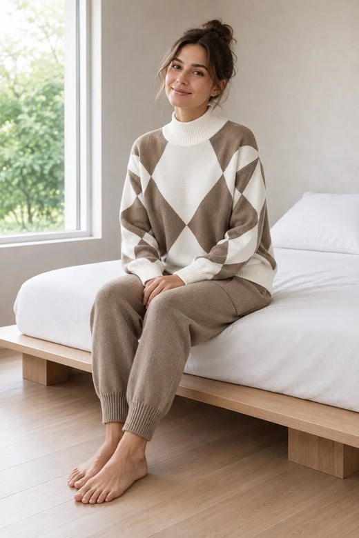 Lounge Set - Women's Argyle Knit High Neck Long Sleeve Sweater & Drawstring Jogger Pants - Khaki