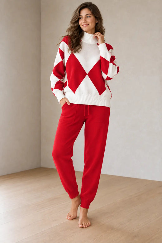 Lounge Set - Women's Argyle Knit High Neck Long Sleeve Sweater & Drawstring Jogger Pants - Red
