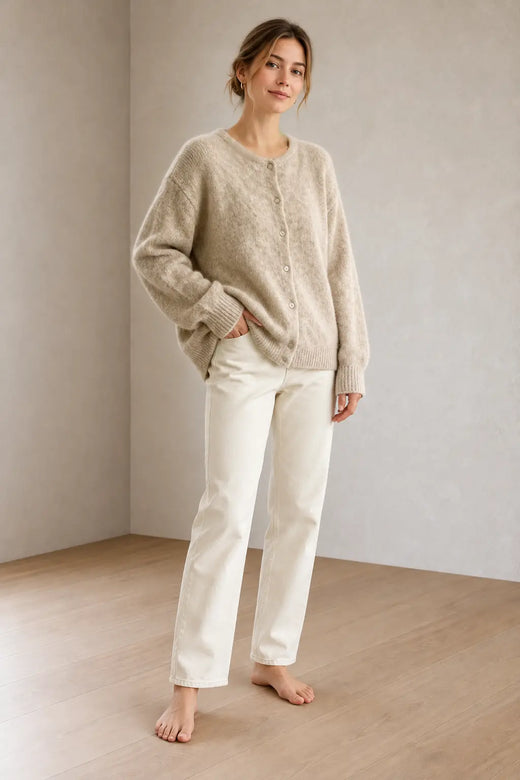 Button Front Cardigan - Women's Crew Neck Fuzzy Knit Long Sleeve Sweater - Khaki