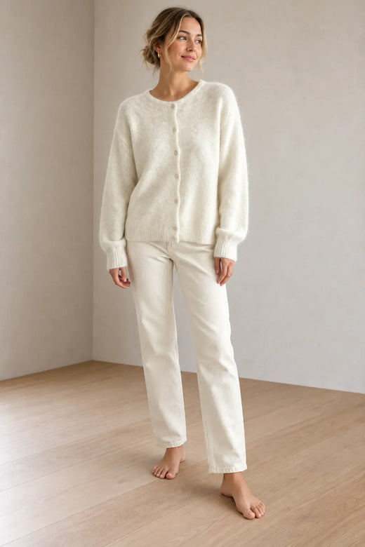 Button Front Cardigan - Women's Crew Neck Fuzzy Knit Long Sleeve Sweater - White