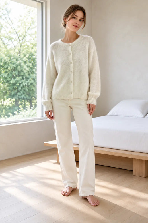 Button Front Cardigan - Women's Crew Neck Fuzzy Knit Long Sleeve Sweater - White
