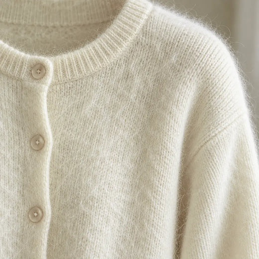 Button Front Cardigan - Women's Crew Neck Fuzzy Knit Long Sleeve Sweater - White