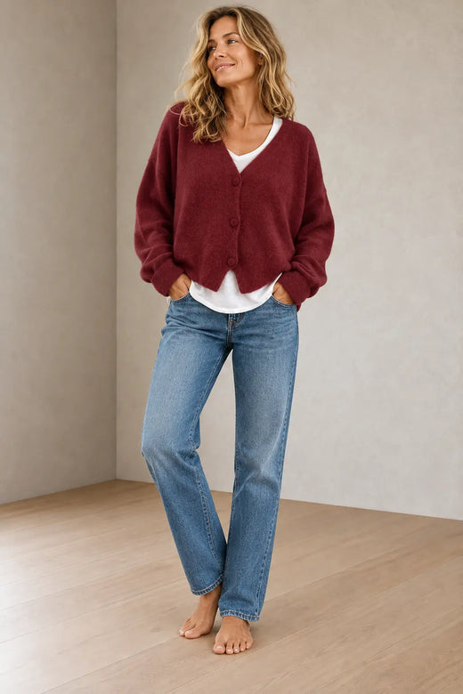 Women's Button Front Cardigan - V Neck Long Sleeve Knit Sweater - Dark Red