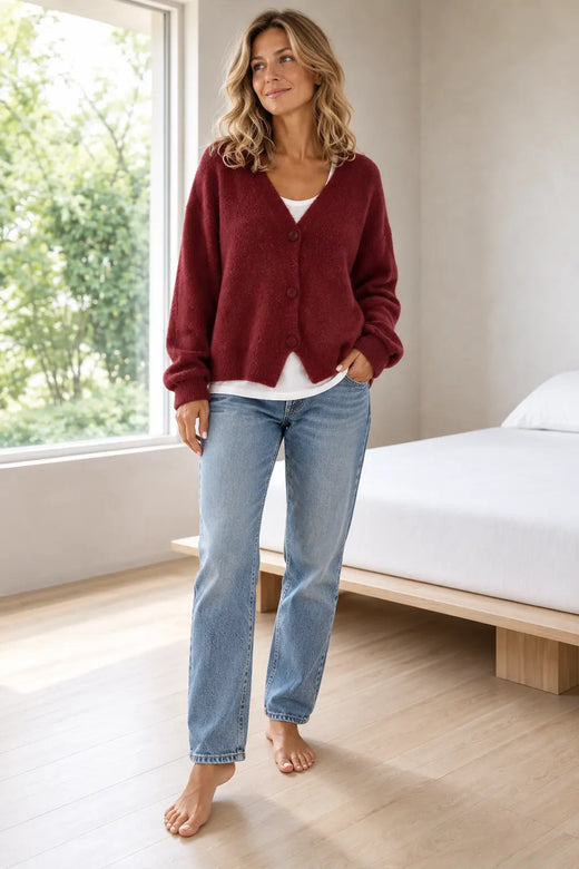 Women's Button Front Cardigan - V Neck Long Sleeve Knit Sweater - Dark Red