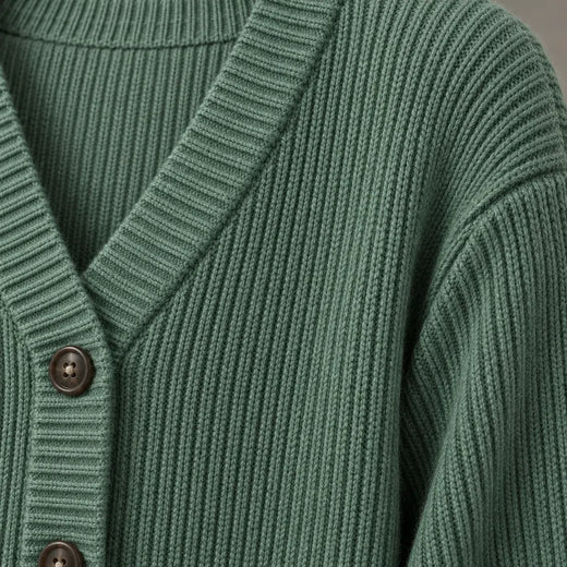Button Front Cardigan - Women's V Neck Long Sleeve Rib Knit Sweater - Green