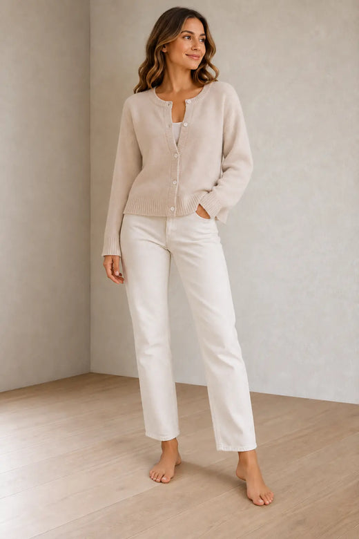 Button Front Cardigan - Women's Round Neck Long Sleeve Soft Knit - White