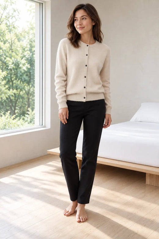 Women's Button Front Cardigan - Crew Neck Fine Knit Long Sleeve - Beige