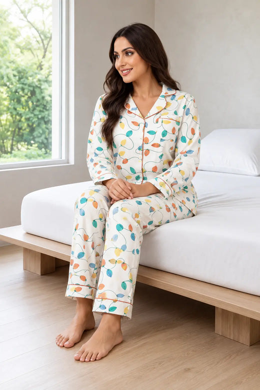 Christmas Pajamas - Women's Cotton Lapel Collar Button-Front Long Sleeve Set - Cream Lights